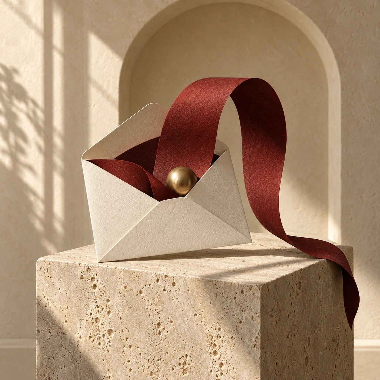 An open cotton-paper envelope with a sculptural oxblood ribbon and brass sphere