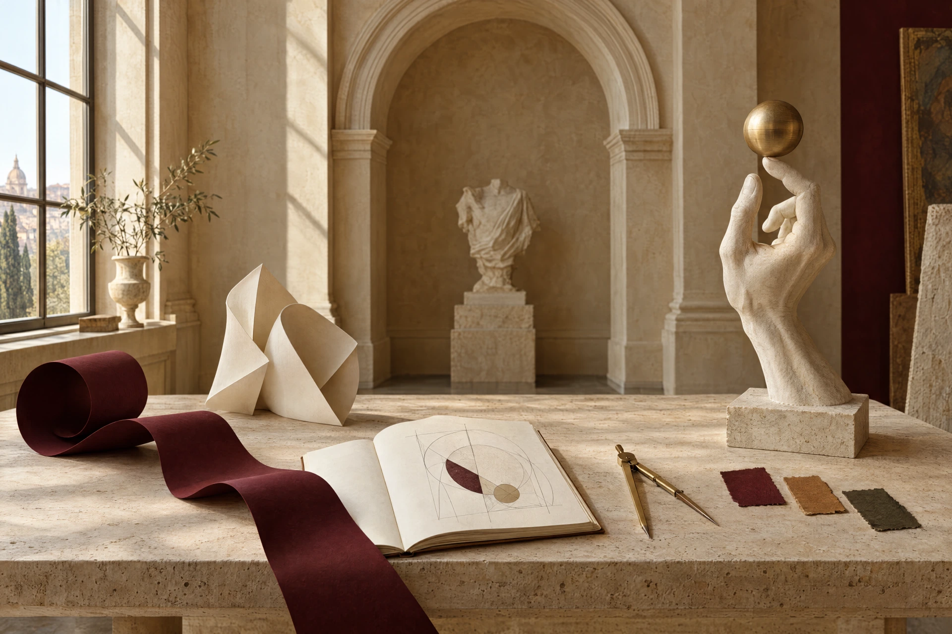A sunlit Renaissance studio with a sculptural hand, brass sphere, sketchbook and burgundy paper ribbon