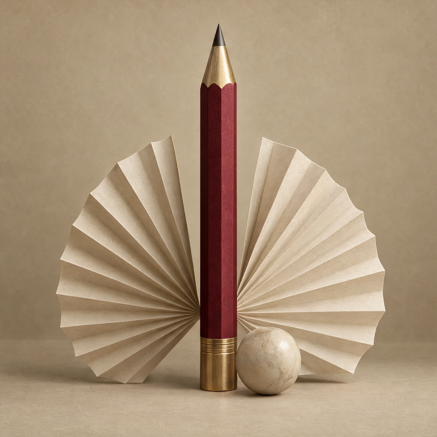 A sculptural pencil and unfolding paper fans representing extra creative capacity