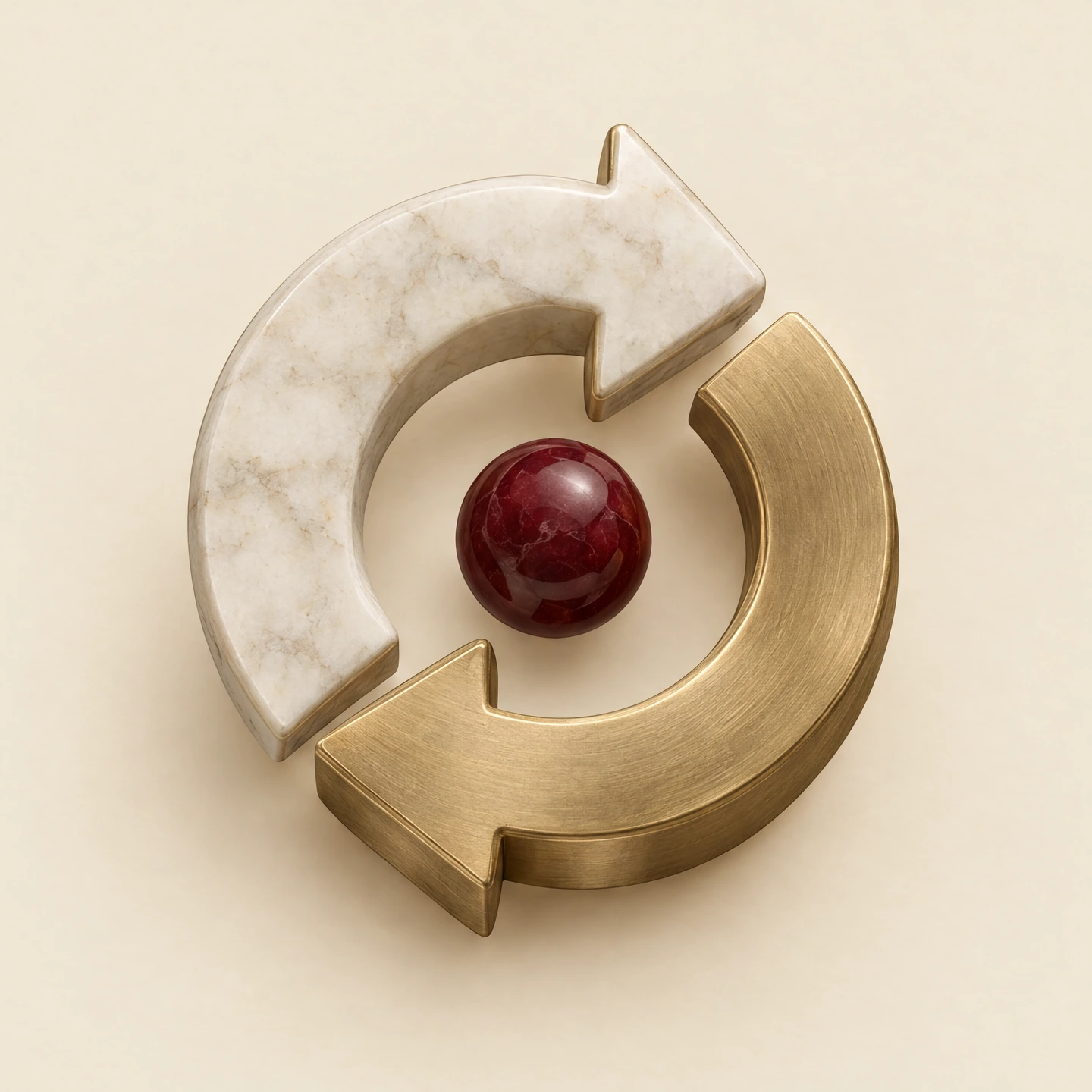 Interlocking marble and brass circular arrows