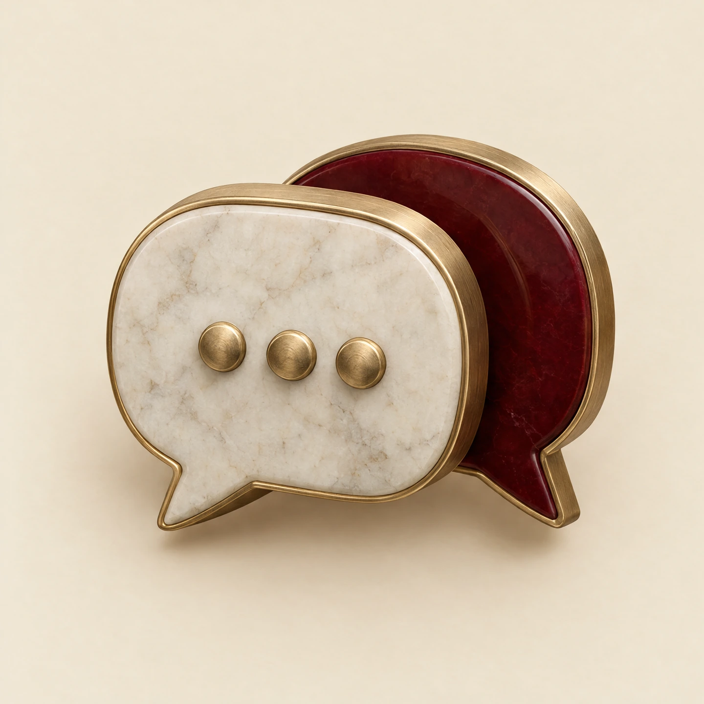 Overlapping marble and burgundy speech bubbles with brass details