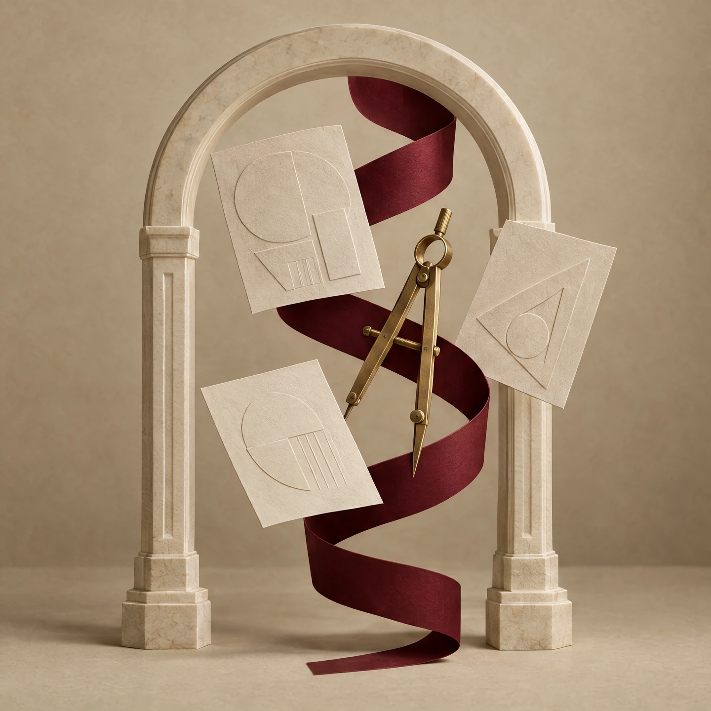 An ivory arch and burgundy paper sculpture symbolising a creative studio supporting ideas