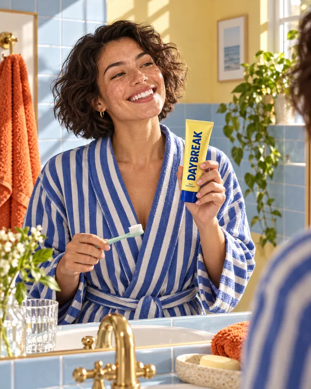 DAYBREAK morning routine campaign with a smiling woman holding the yellow toothpaste and mint toothbrush
