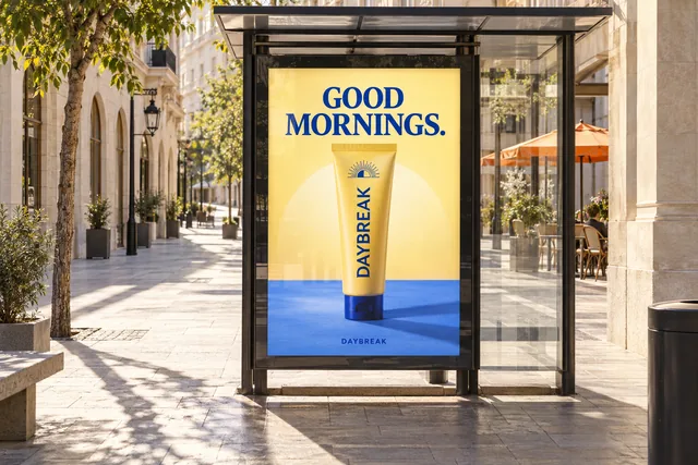 DAYBREAK Good Mornings toothpaste campaign on a sunlit street advertising lightbox