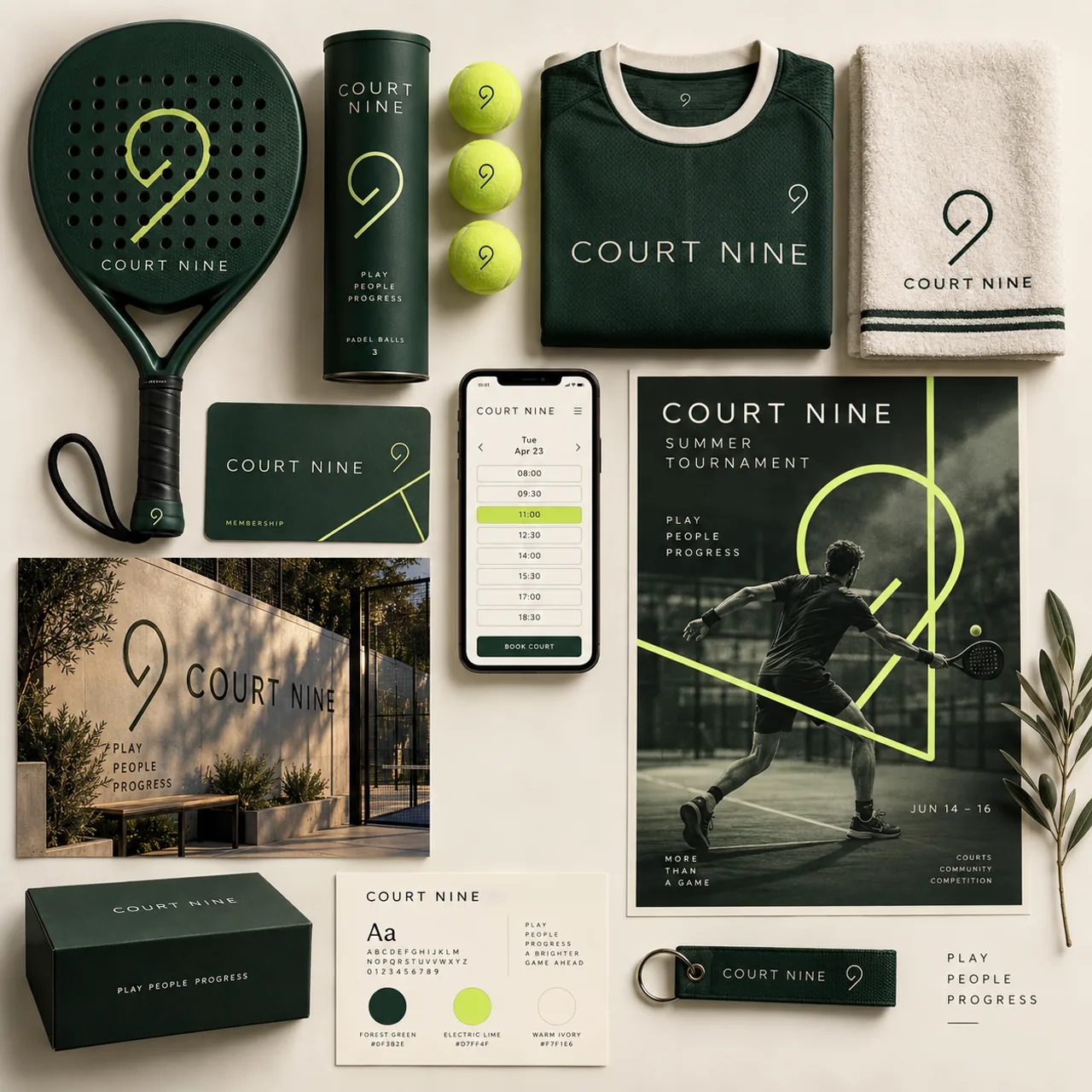 COURT NINE concept logo, typography, colours and coordinated branded applications