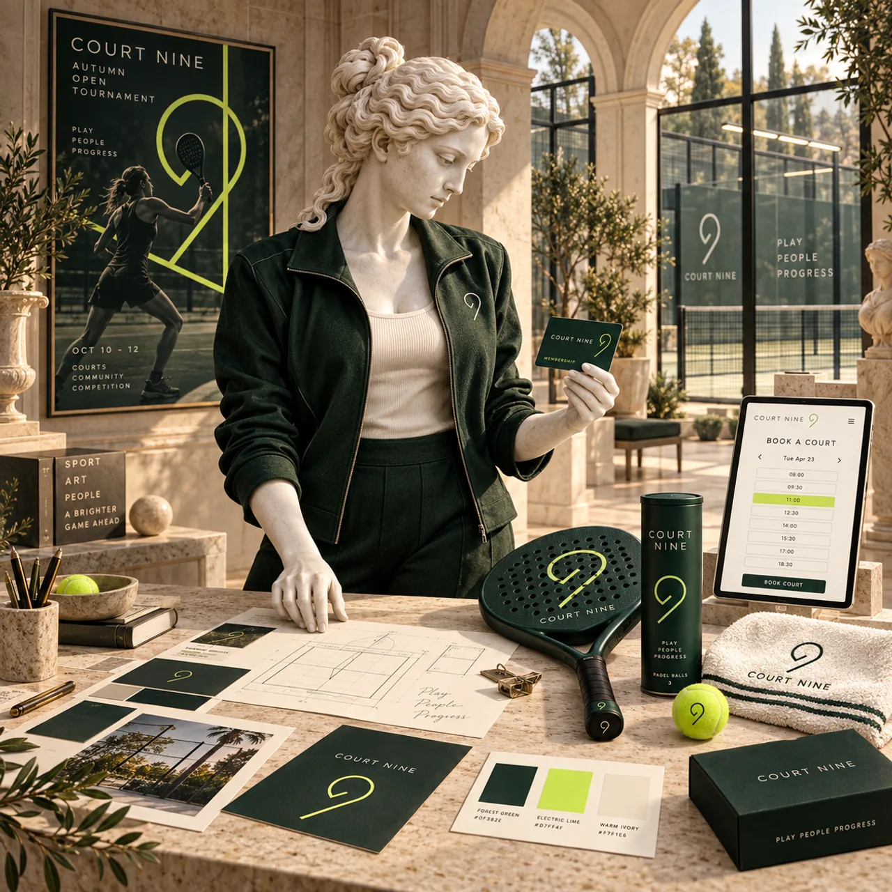 Female marble designer developing COURT NINE padel branding beside a glass-walled court