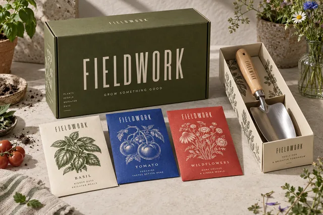 FIELDWORK olive gardening starter box, colourful botanical seed envelopes and a trowel in a printed sleeve