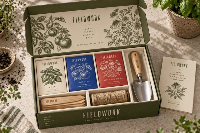 Open FIELDWORK garden starter kit with seed packets, twine, plant markers and a trowel