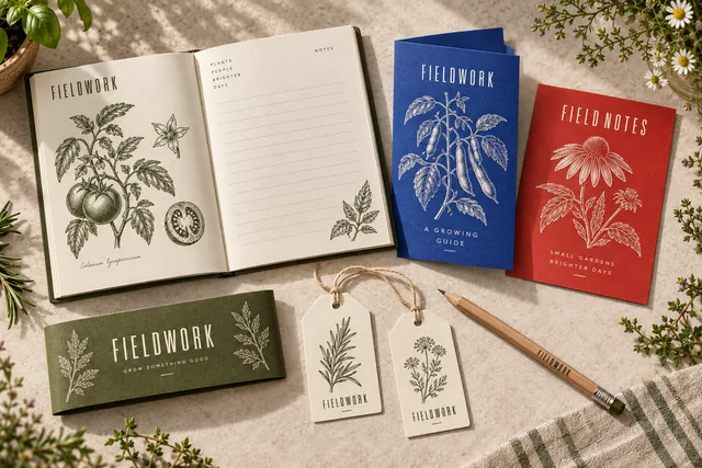 FIELDWORK gardening notebook, growing guide, printed cards and botanical hang tags