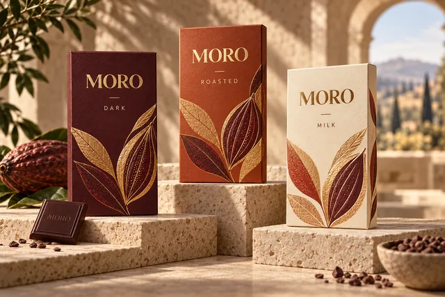 MORO chocolate packaging family in burgundy, terracotta and cream with gold botanical cacao artwork