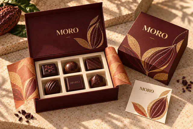 Open MORO chocolate gift box with fitted tray, tasting card and folded tissue