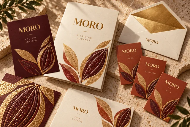 MORO printed tasting booklet, botanical invitation, cards and envelope