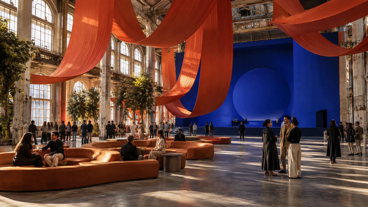 ASSEMBLY cultural gathering concept with sculptural coral installations and cobalt stage