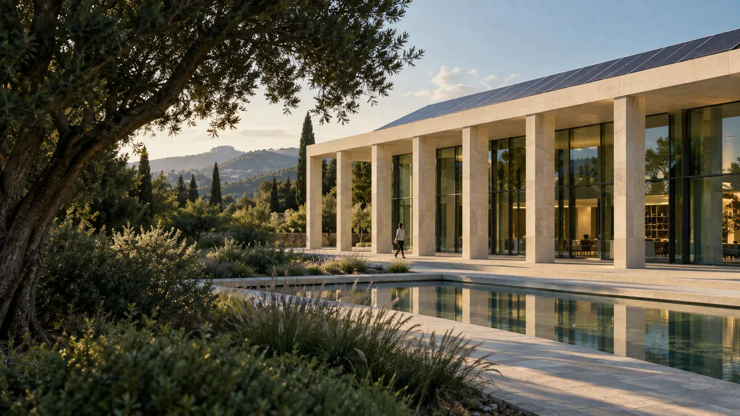 NOVA clean-energy architecture concept with solar roof and reflecting pool