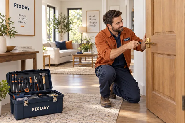 FIXDAY home-repair professional fitting a door handle beside a branded toolbox
