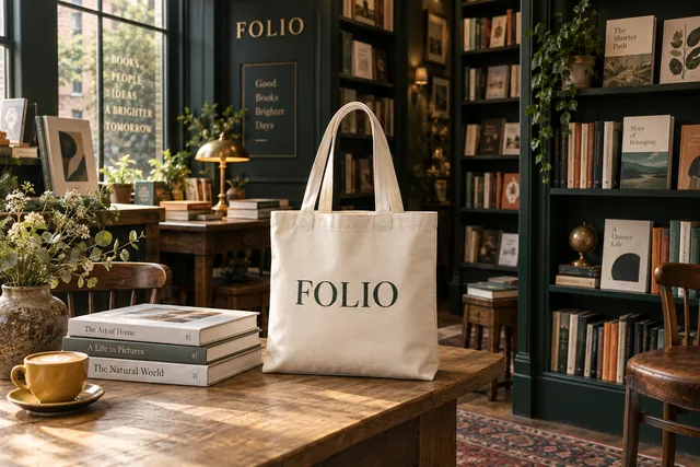 FOLIO independent bookshop with forest-green shelves, oak table and branded book tote