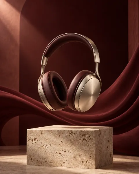 Concept champagne-metal headphones with burgundy cushions above a travertine plinth