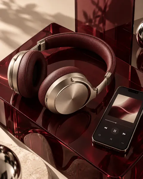 SONORA champagne and burgundy headphones beside a smartphone in a bold studio composition