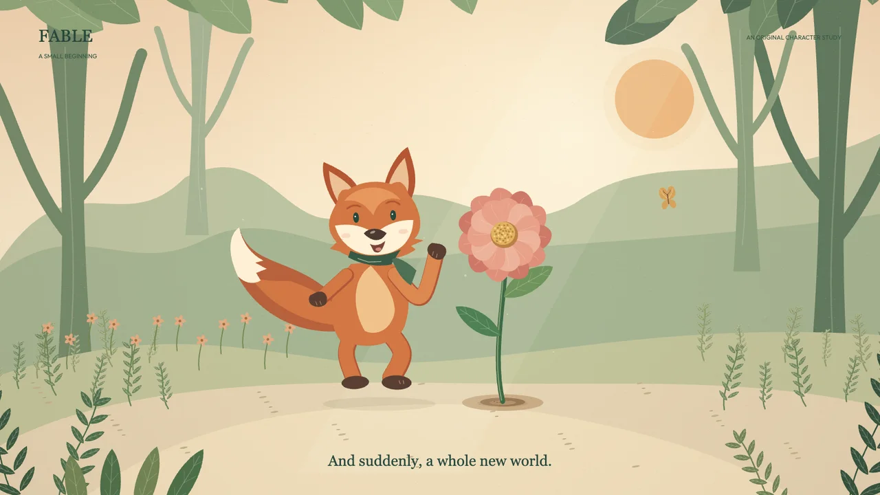 An expressive fox exploring a layered botanical garden in the FABLE illustrated story