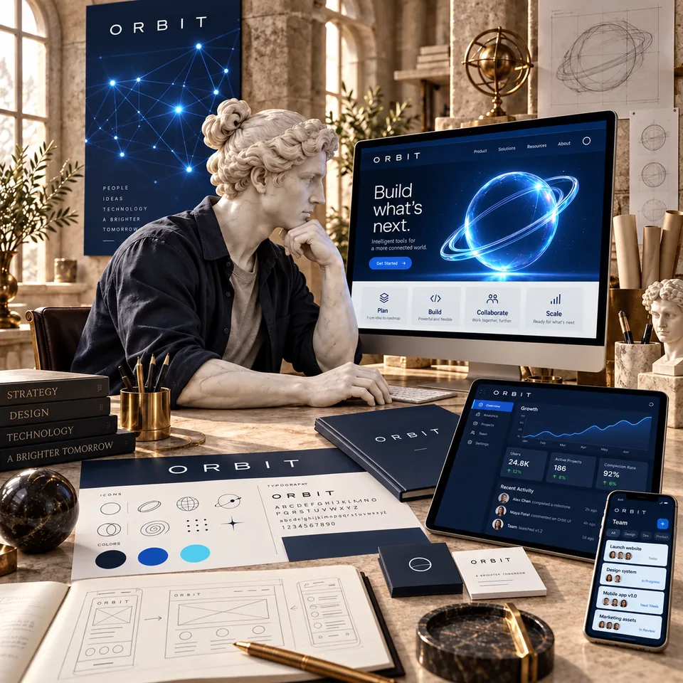 ORBIT technology website concept with a marble creative and distinct digital interface compositions