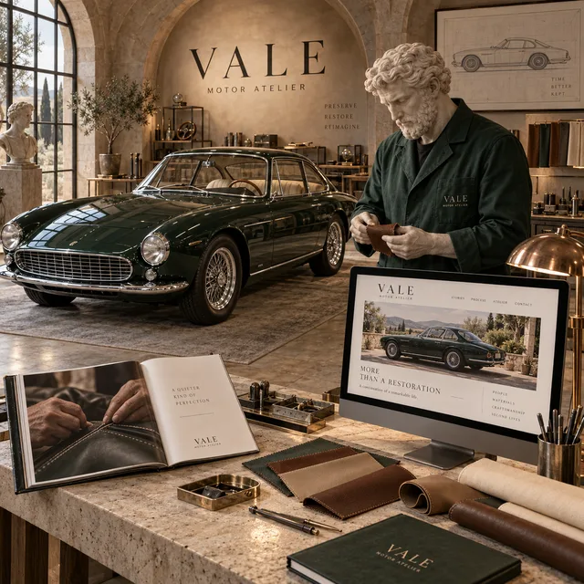 VALE marble master restorer in a green work coat examining ivory leather beside a classic grand touring car